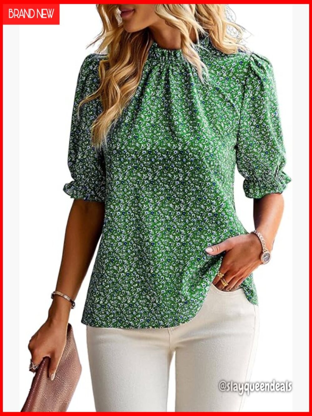 Boho Floral Mock Neck Ruffle Blouse Short Sleeve Casual Work Top
